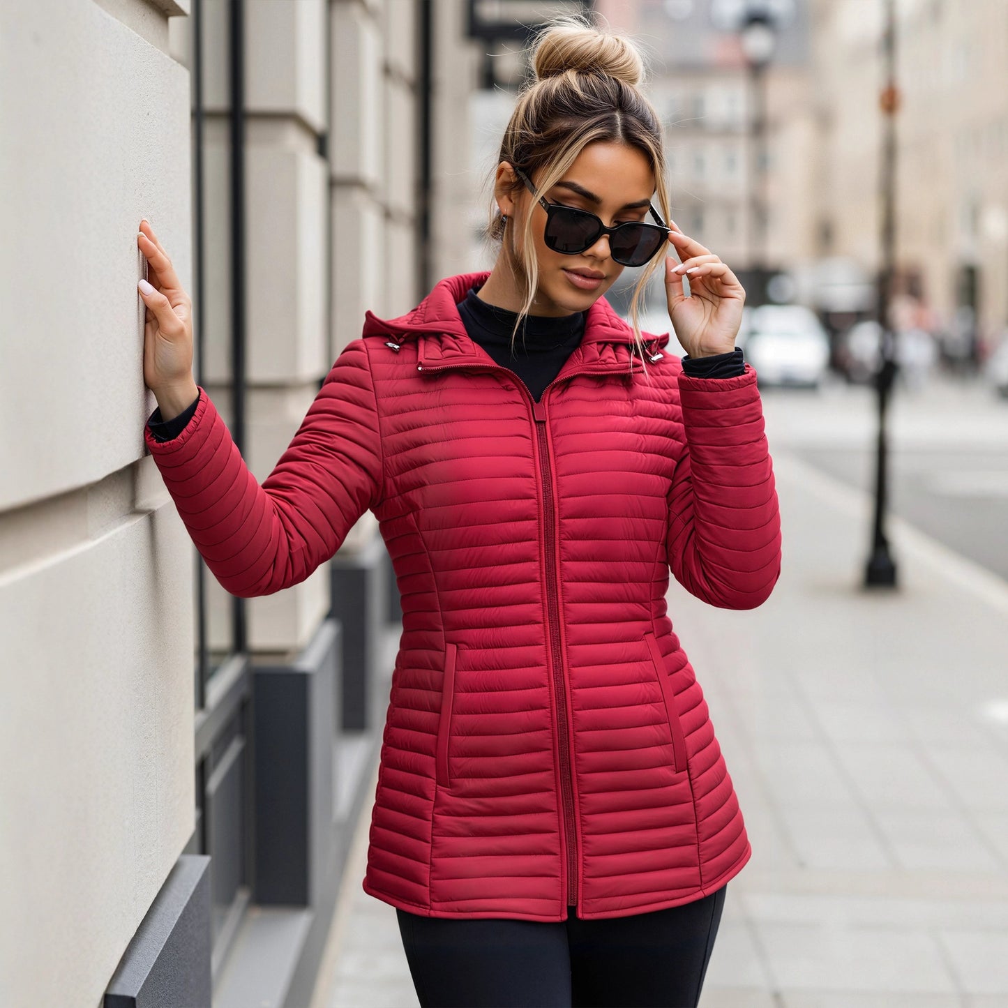 Quilted Padded Jacket with Hood and Zipper Front