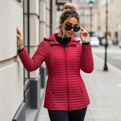 Quilted Padded Jacket with Hood and Zipper Front