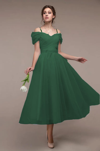 Ruched Tulle Midi Dress with Off-Shoulder Straps