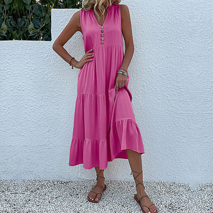 Solid A-Line Tiered Midi Dress with V-Neck and Sleeveless