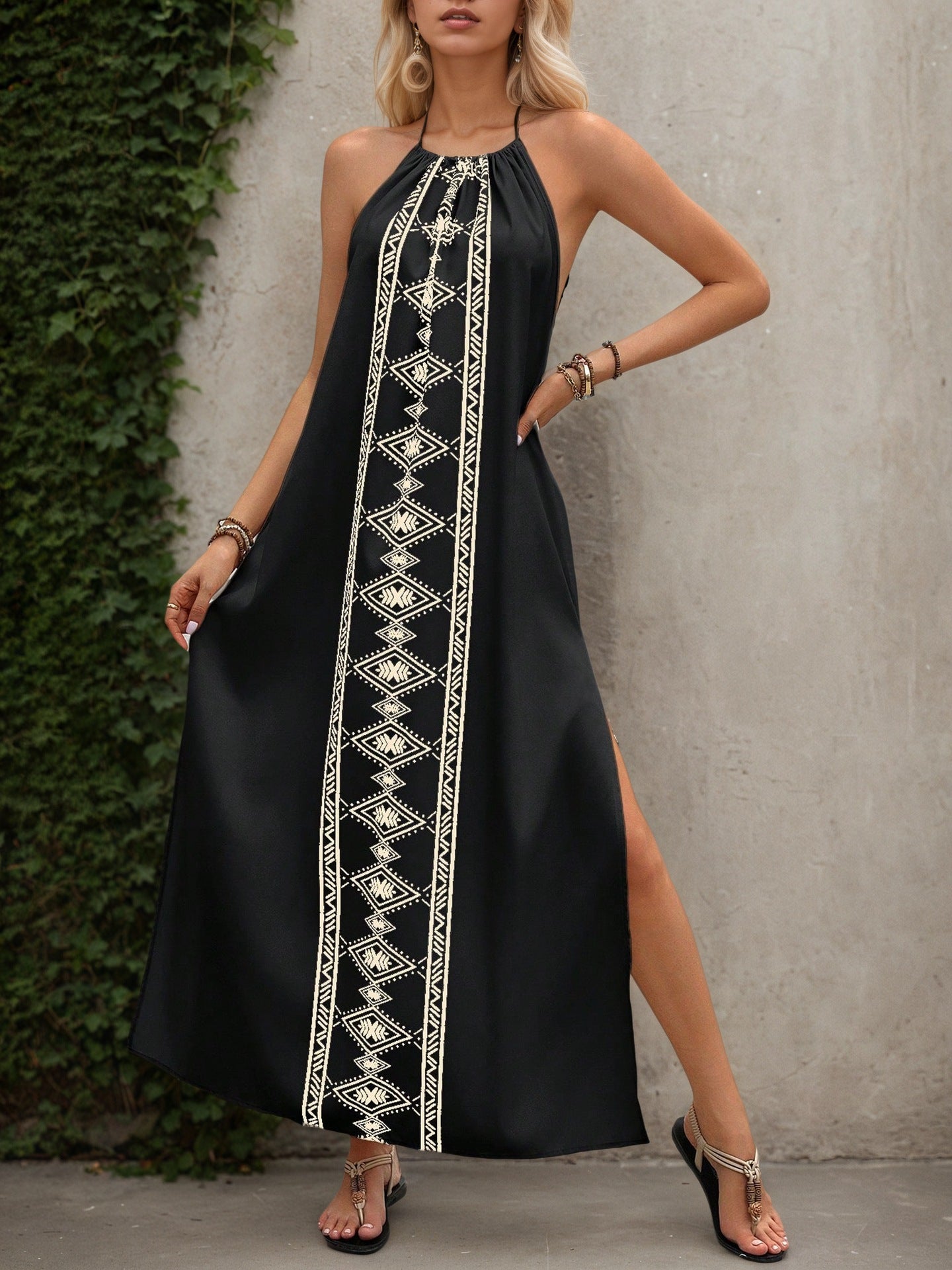 Geometric Print Maxi Dress with Halter Neck and Open Back