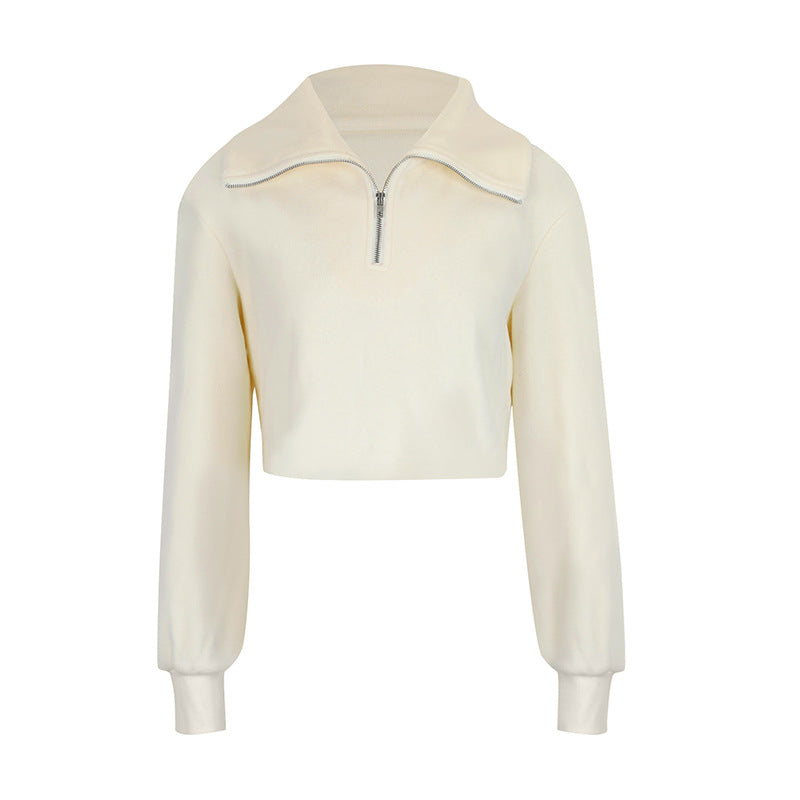 Solid Cropped Sweatshirt with Lapel Collar and Quarter-Zip