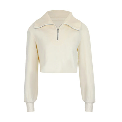 Solid Cropped Sweatshirt with Lapel Collar and Quarter-Zip