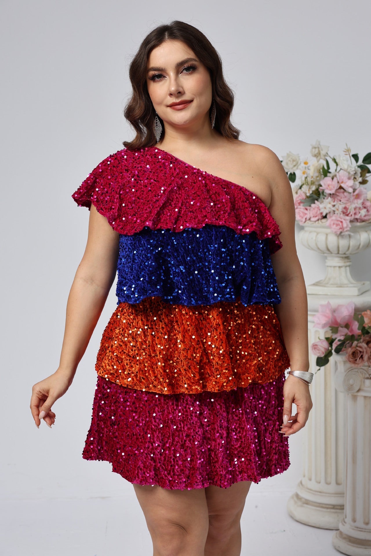 Tiered Color Block Sequin Mini Dress with One-Shoulder