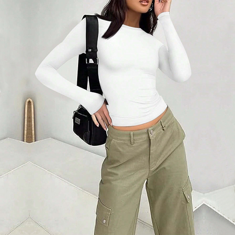 Slim Fit Cropped Long Sleeve Top with Round Neck
