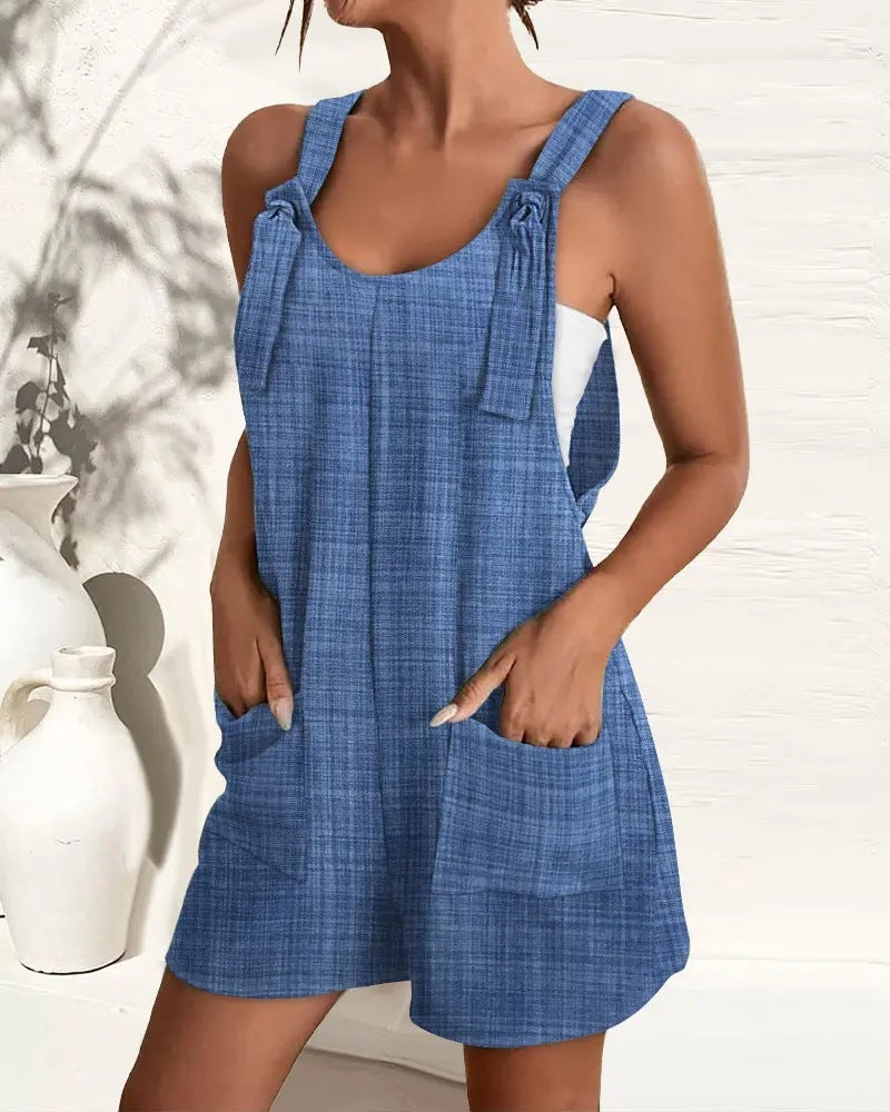 Patterned Romper with Tied Shoulder Straps and Pockets