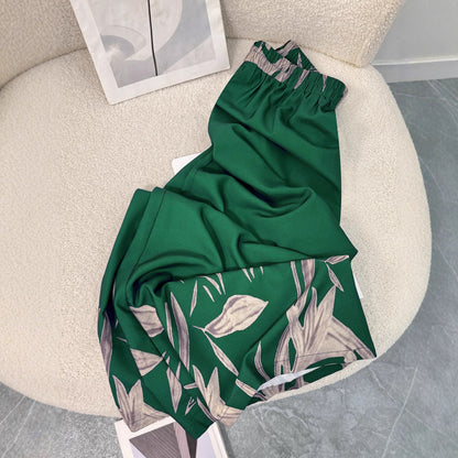 High-Waist Wide-Leg Trousers with Graphic Leaf Print