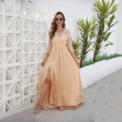 A-Line Maxi Dress with Lace V-Neck Bodice and High Slit