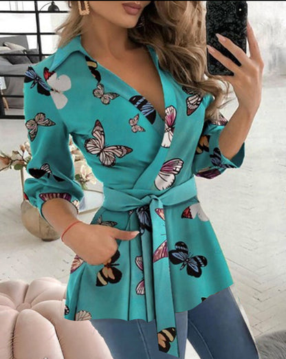 Wrap Peplum Blouse with V-Neck and Self-Tie Belt