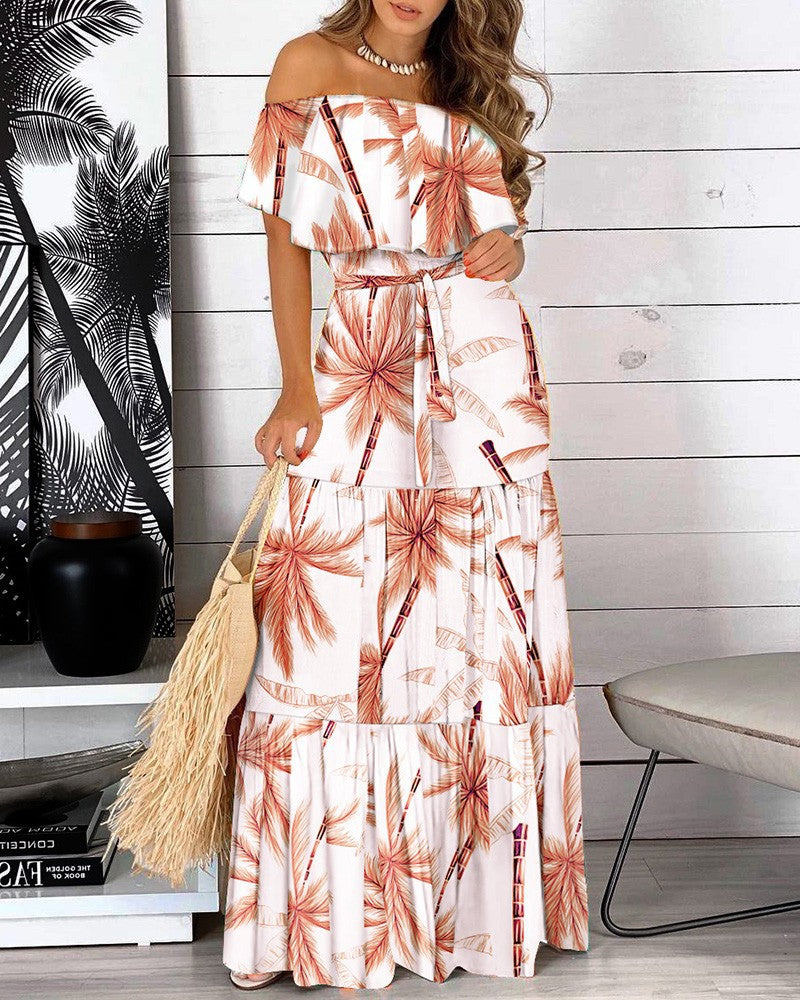 Printed Off-Shoulder Maxi Dress with Ruffled Top