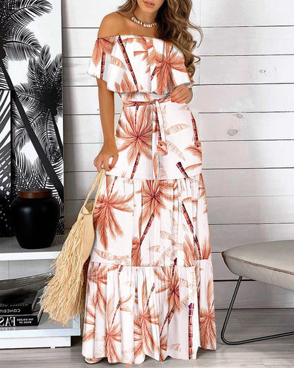 Printed Off-Shoulder Maxi Dress with Ruffled Top