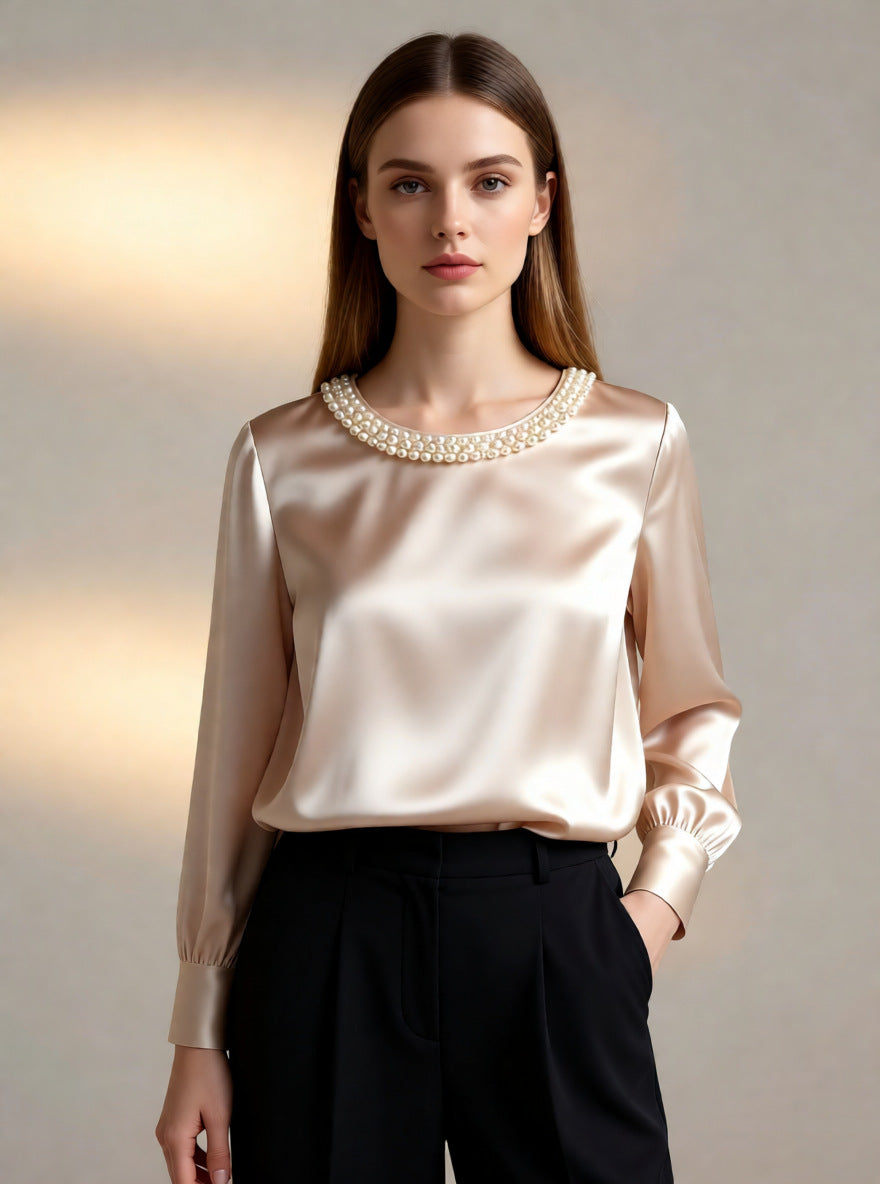 Satin Blouse with Pearl Embellished Crew Neck