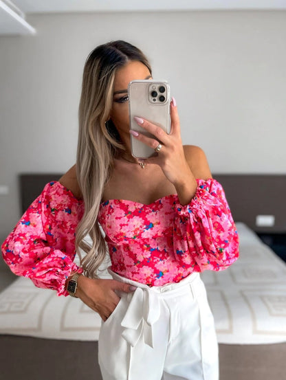 Floral Print Off-Shoulder Blouse with Puff Sleeves