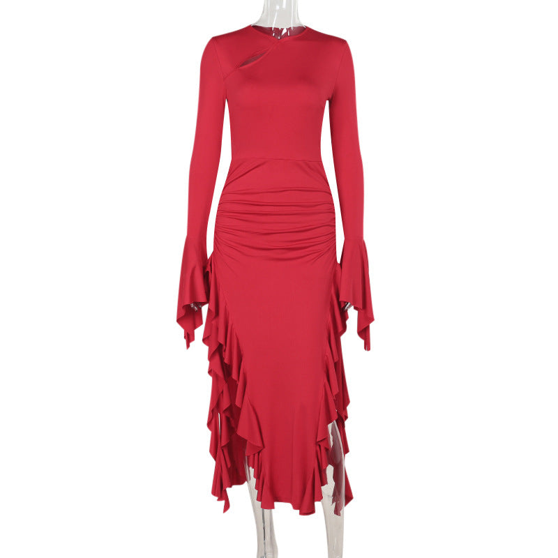 Slim Fit Long Sleeve Split Dress Elegant Flounce