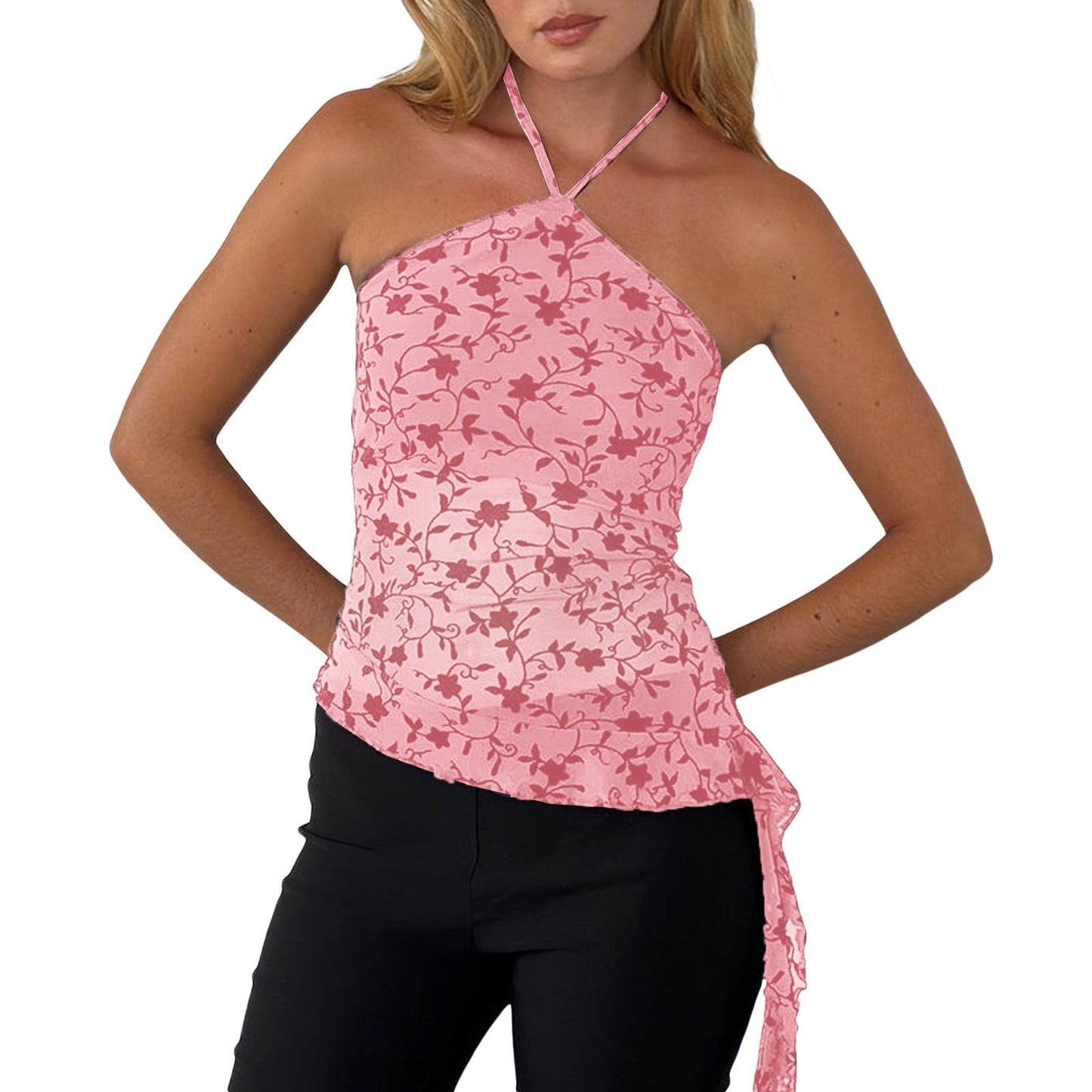 Asymmetrical Halter Crop Top with Mesh Panel and Ruffle Trim