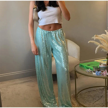 Wide-Leg Sequined Trousers with High Waist and Drawstring