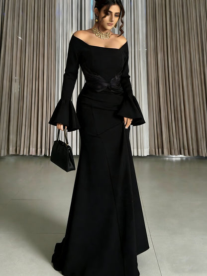 Off-Shoulder Maxi Dress with Bell Sleeves and Twisted Waist