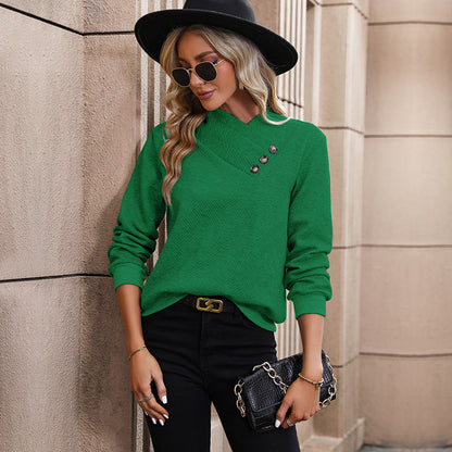 Textured Pullover Sweatshirt with Asymmetrical Button Neck