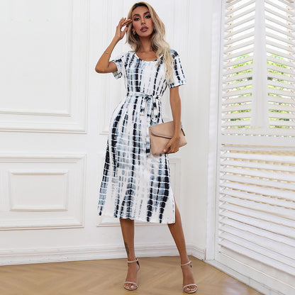 Tie-Dye Midi Dress with Side Slits and Belted Waist