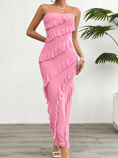 Solid Bodycon Maxi Dress with Tube Top and Cascading Ruffles