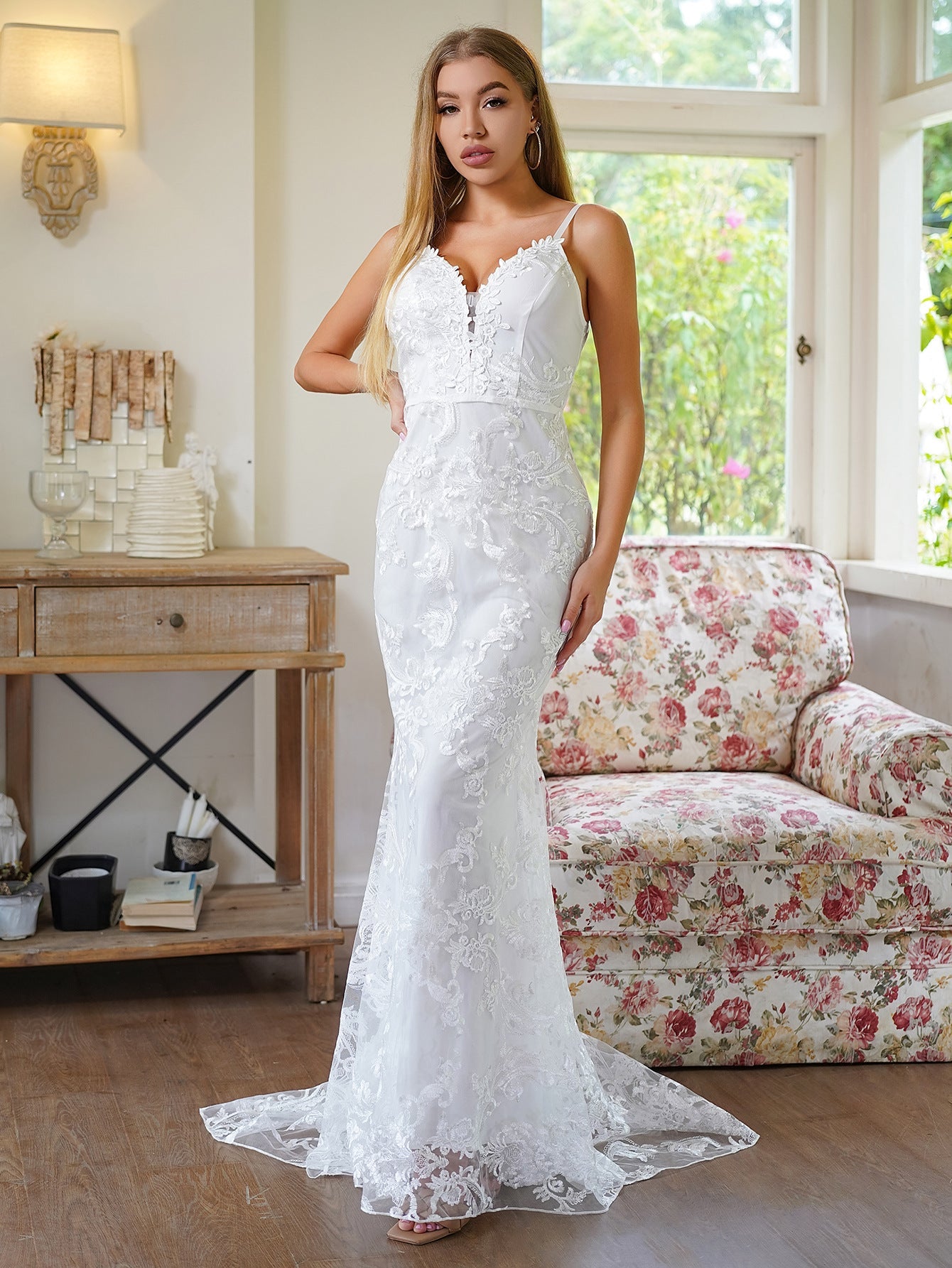 Sheath Maxi Dress with Deep V-Neck and Lace Overlay