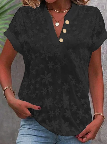Textured Floral V-Neck Top with Cuffed Short Sleeves