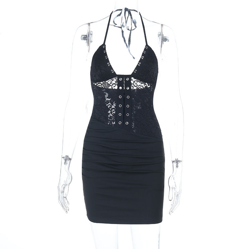 Bodycon Mini Dress with Lace Splicing and Hook-and-Eye Detail