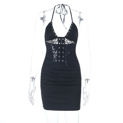 Bodycon Mini Dress with Lace Splicing and Hook-and-Eye Detail