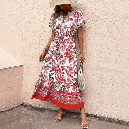 Floral Print A-Line Midi Dress with V-Neck and Drawstring