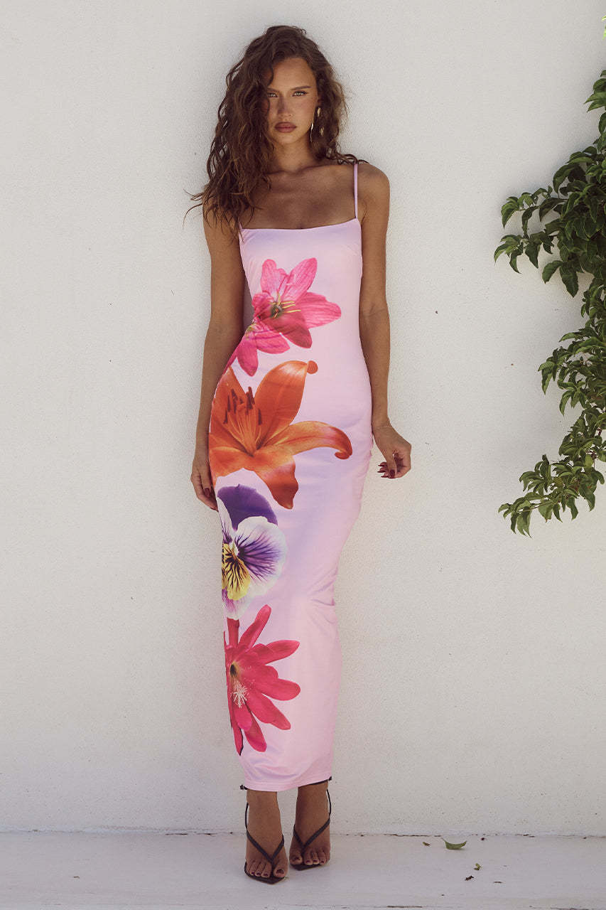 Floral Print Bodycon Midi Dress with Spaghetti Straps