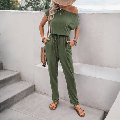 Relaxed Fit Jumpsuit with Off-Shoulder and Drawstring Waist