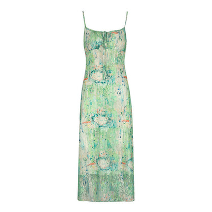 Abstract Floral Mesh Sling Midi Dress with Slit