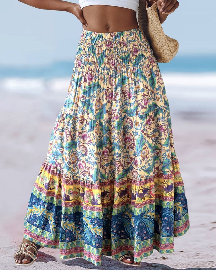 Floral Print Maxi Skirt with High Waist and Tiered Hem