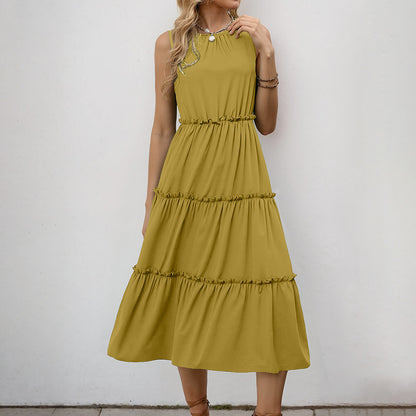 Tiered A-Line Midi Dress with Crewneck and Ruffle Trim
