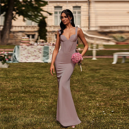Bodycon Maxi Dress with Corset Bodice and V-Neck