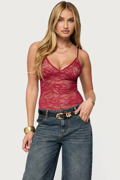 Slim Fit Lace Camisole with V-Neck and Spaghetti Straps