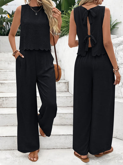 Textured Sleeveless Pants Set with Scalloped Hem and Tie-Back