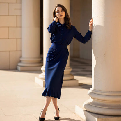 Dark Blue Two-Piece Set with Button-Down Shirt and Midi Skirt