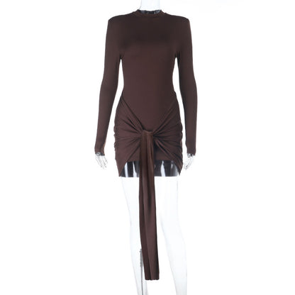 Ruched Bodycon Mini Dress with Half Turtleneck and Sash