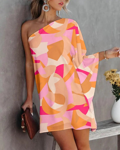 Printed One-Shoulder Mini Dress with Bat Sleeves