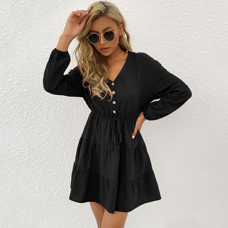 Solid Tiered A-Line Dress with V-Neck and Button Front