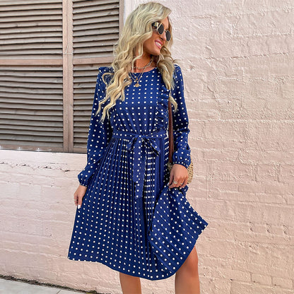 Polka Dot Pleated Midi Dress with Ruffled Shoulders