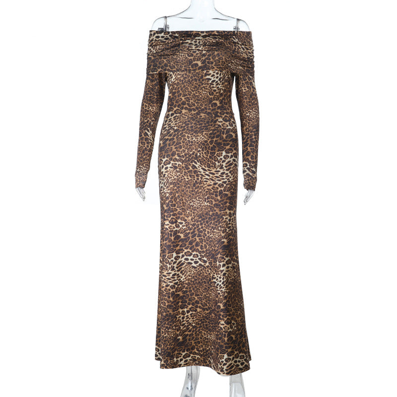 Leopard Print Bodycon Maxi Dress with Square Collar