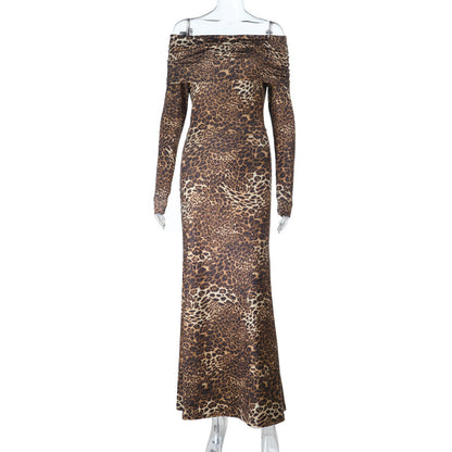 Leopard Print Bodycon Maxi Dress with Square Collar