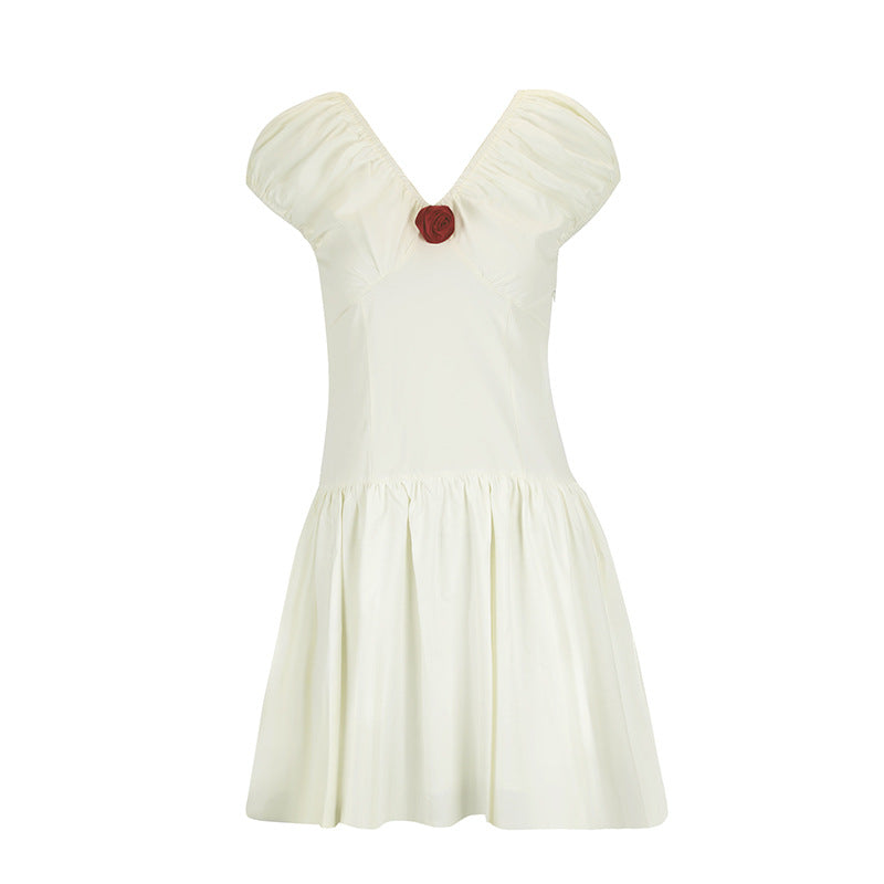 V-Neck Puff Sleeve Mini Dress with Rose Applique