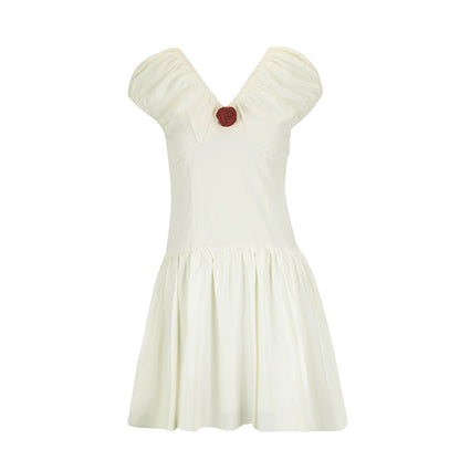 V-Neck Puff Sleeve Mini Dress with Rose Applique