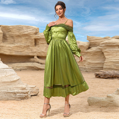 Off-Shoulder Satin Midi Dress with Beaded Skirt