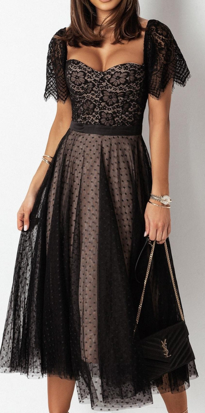 Fit-and-Flare Midi Dress with Lace Sweetheart Top and Dotted Mesh Skirt