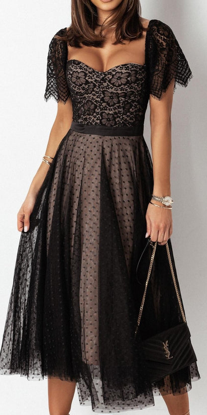 Fit-and-Flare Midi Dress with Lace Sweetheart Top and Dotted Mesh Skirt