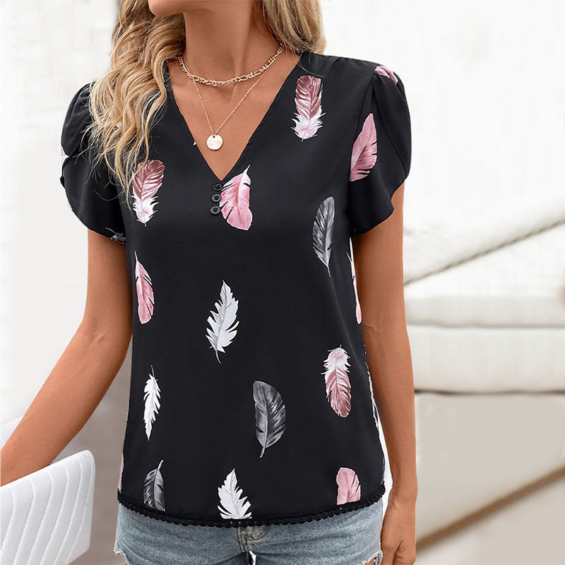 Feather Print Blouse with V-Neck and Puff Sleeves